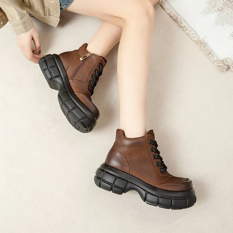 60mm Platform Boots Lace up Leather Martin Boots Round Toe Combat Boots in Brown/Black