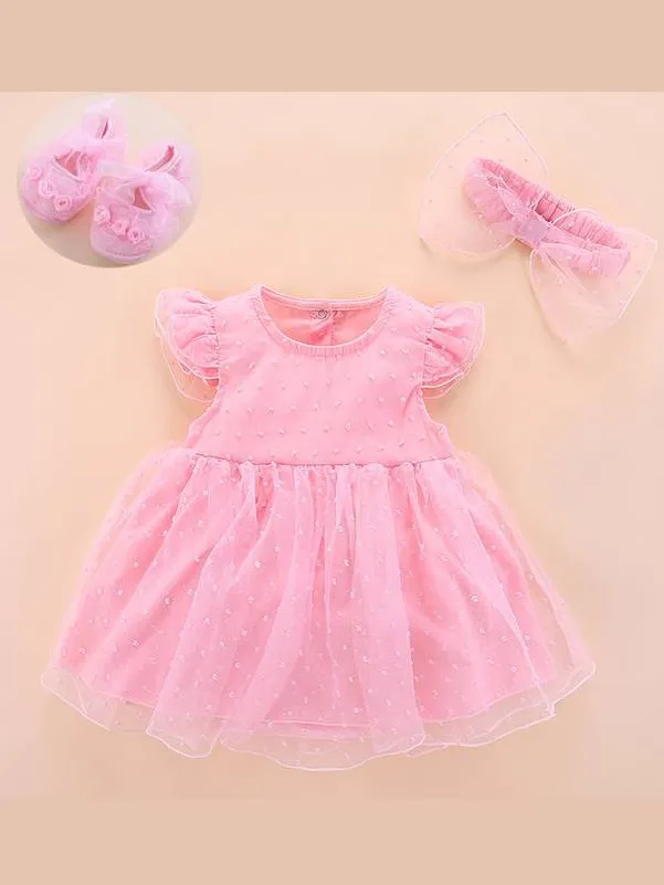 Baby Swiss Dot Tulle Dress With Matching Headband and Shoes