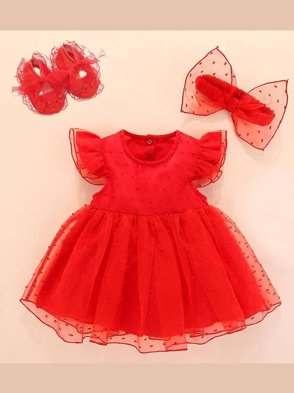 Baby Swiss Dot Tulle Dress With Matching Headband and Shoes