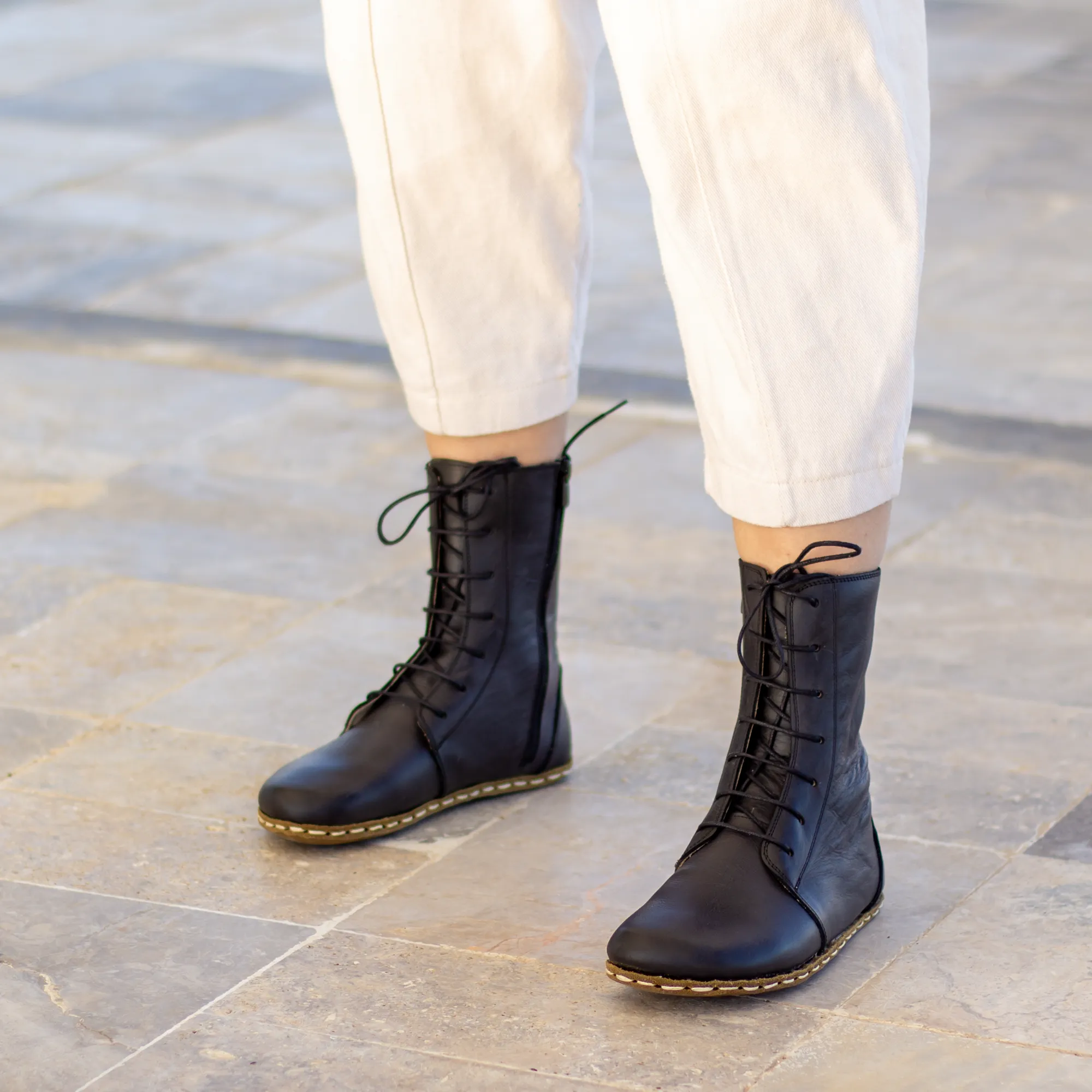 Barefoot Leather Lace-up Black Boots for Women