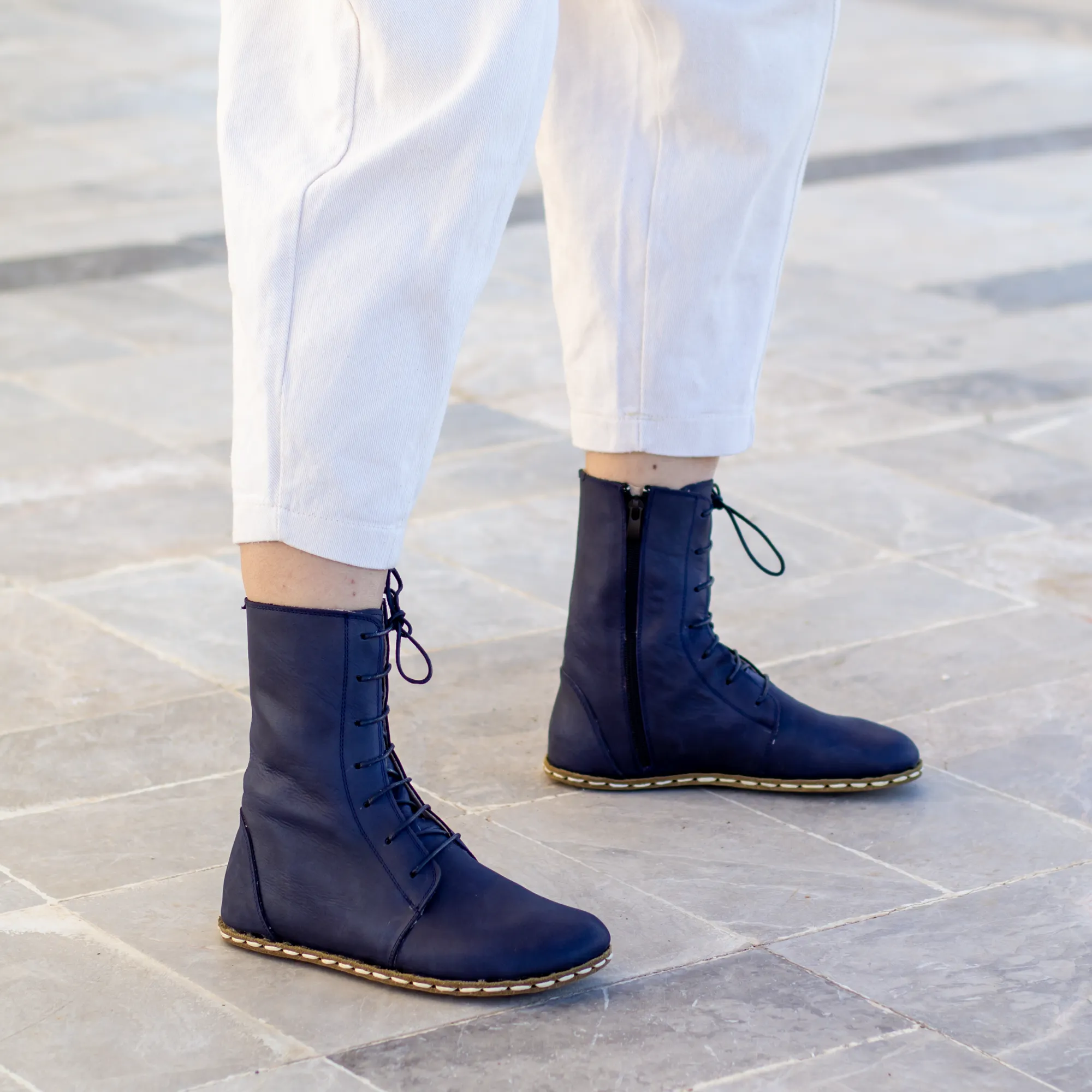 Barefoot Leather Lace-up Navy Blue Boots for Women