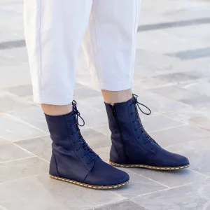 Barefoot Leather Lace-up Navy Blue Boots for Women