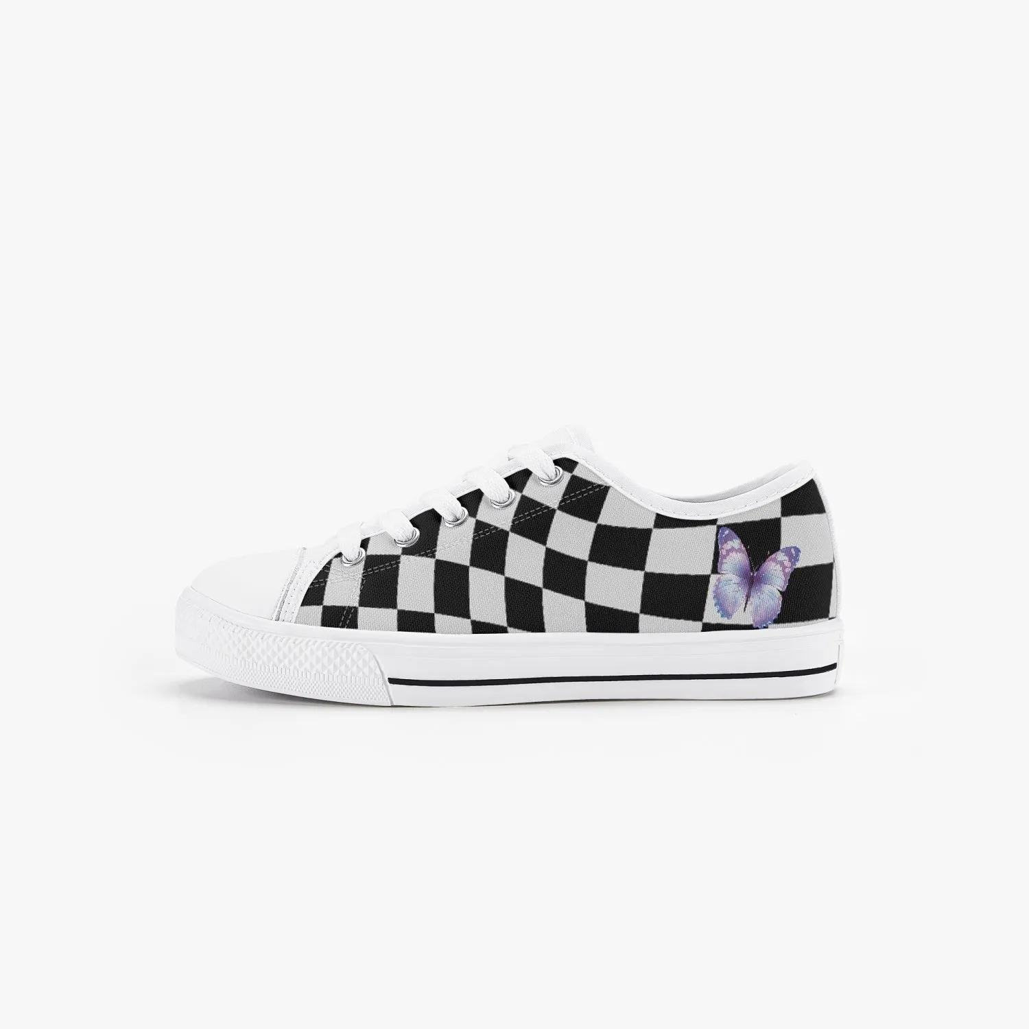 Black and White Wavy Checkerboard. Kid’s Low-Top Canvas Shoes