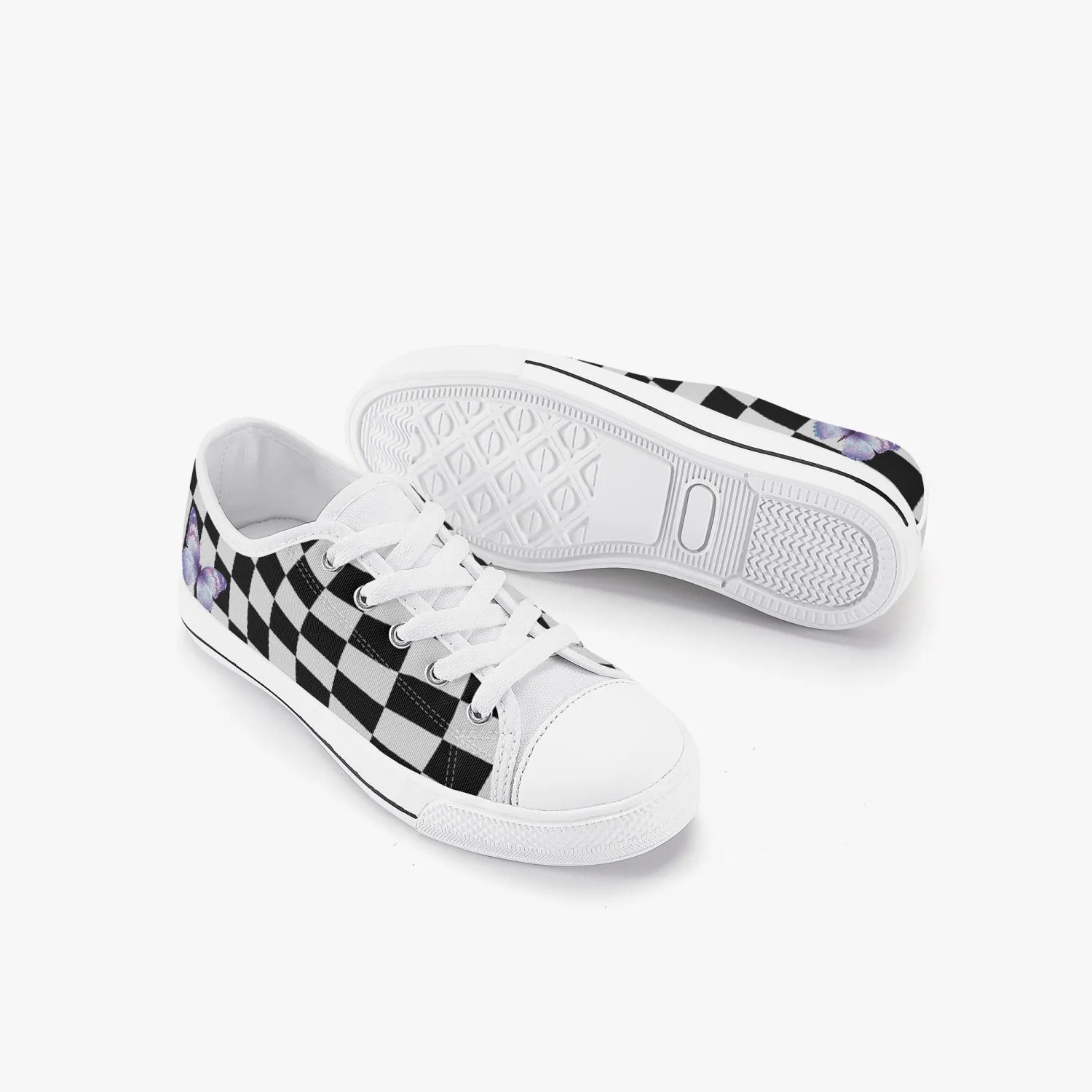 Black and White Wavy Checkerboard. Kid’s Low-Top Canvas Shoes