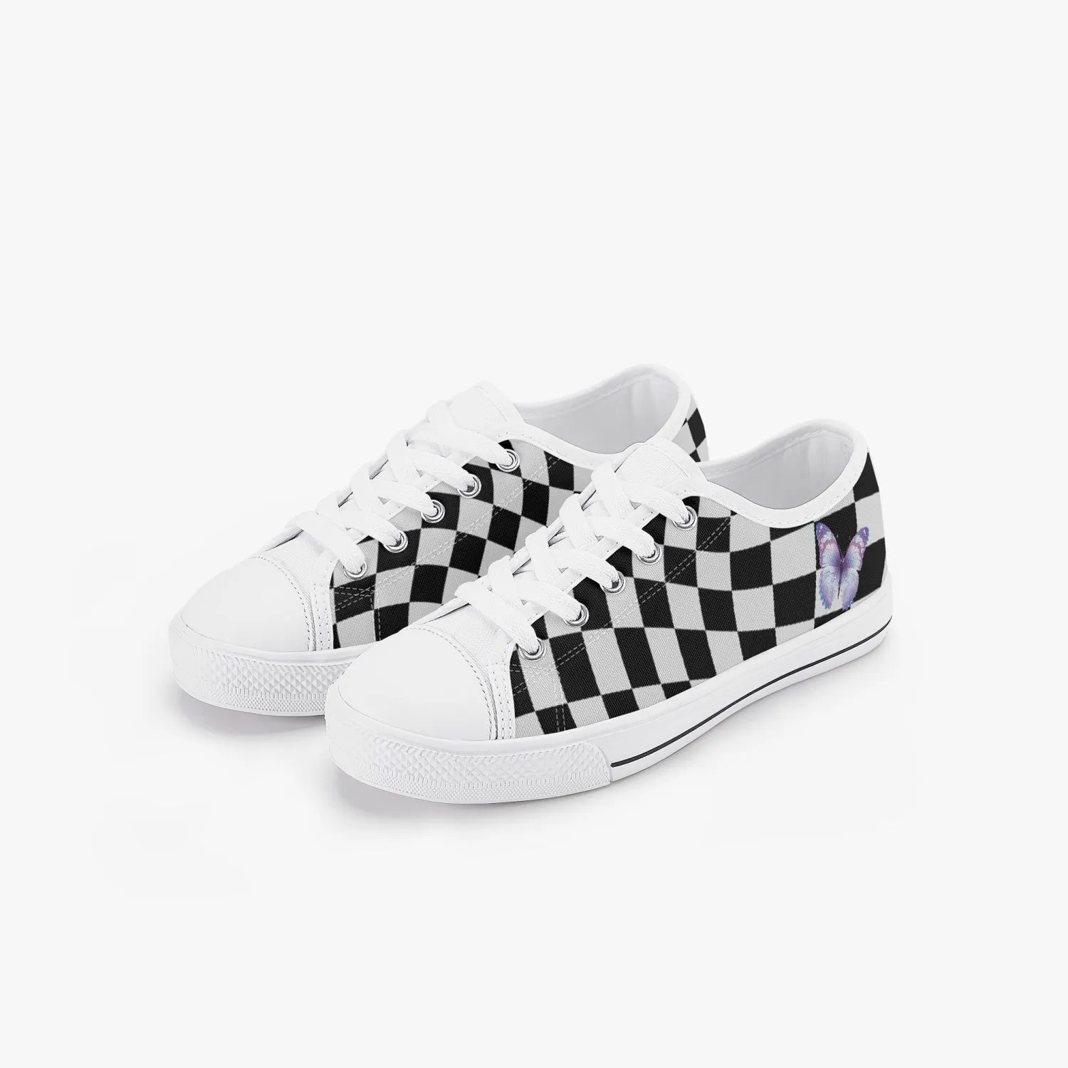 Black and White Wavy Checkerboard. Kid’s Low-Top Canvas Shoes