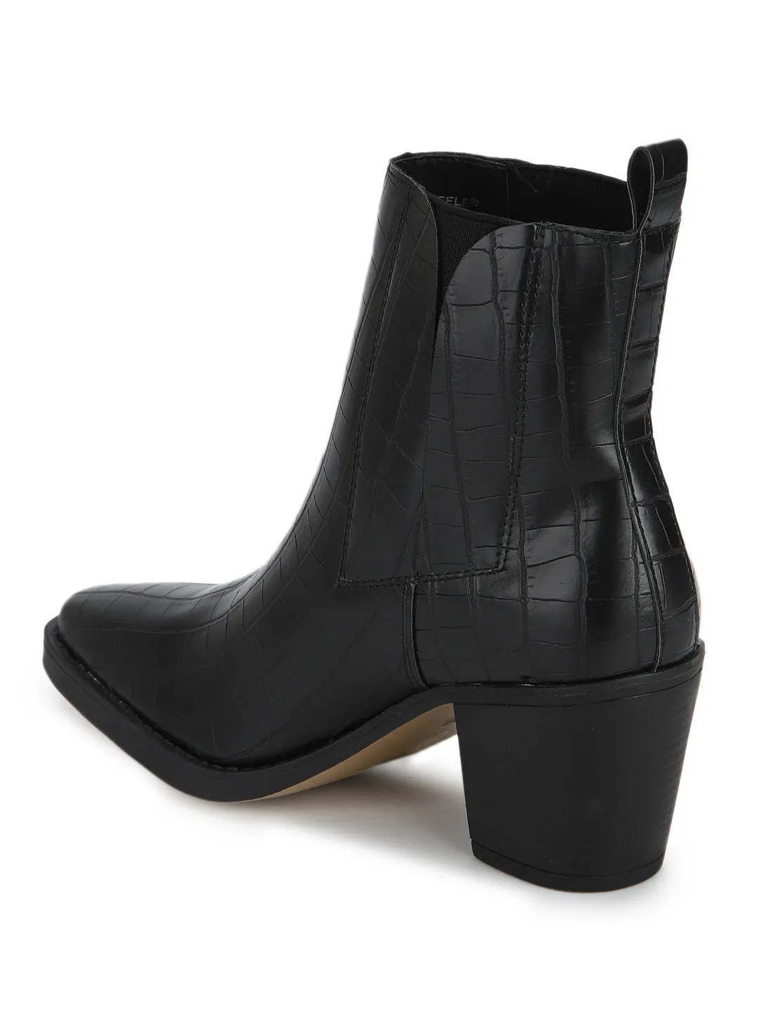 Black Croc Low Block Heel Ankle Boots