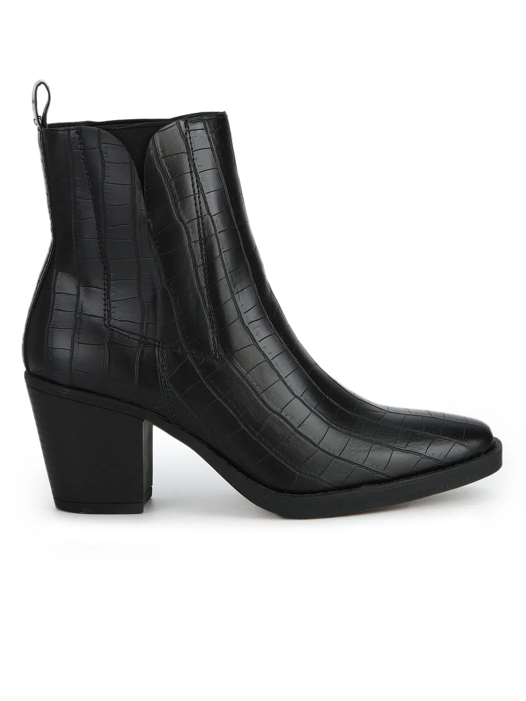 Black Croc Low Block Heel Ankle Boots