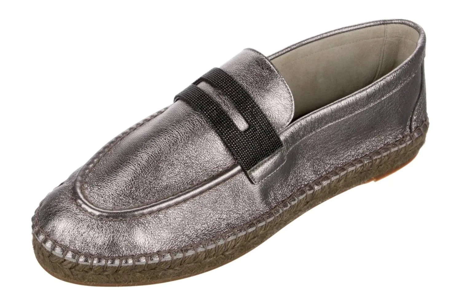 Brunello Cucinelli Women's Leather Metallic Silver Espadrilles In Titanium