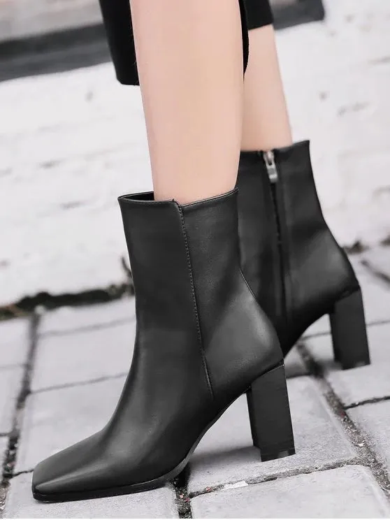 Chic Block Heel Square Toe Side Zipper Boots