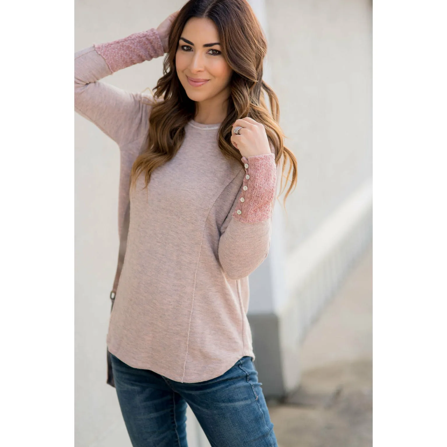 Chic Knitted Button Cuff Sweatshirt