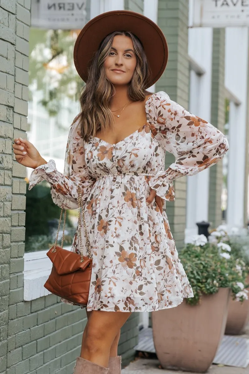 Cream Floral Print Mini Dress