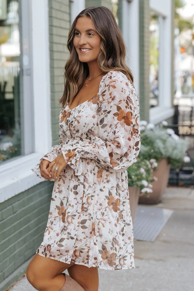 Cream Floral Print Mini Dress