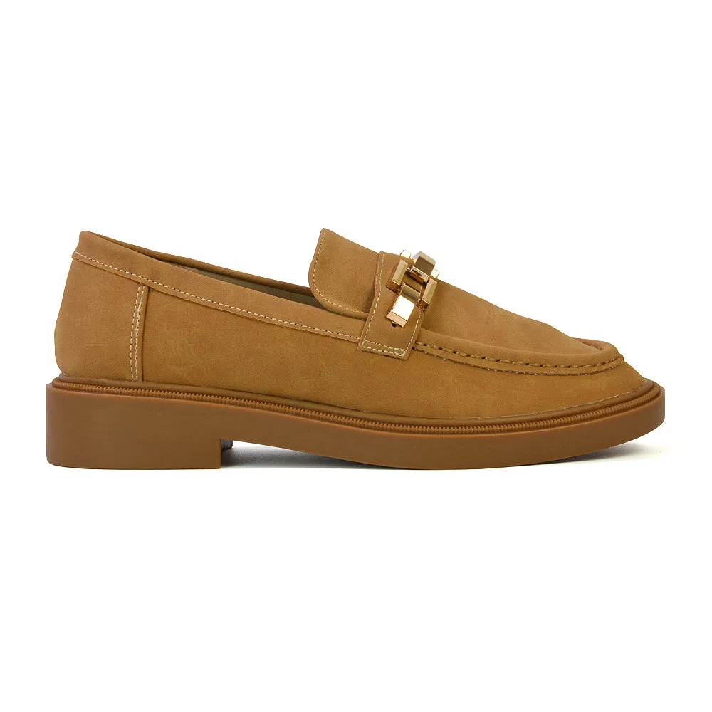 Dakoa Gold Chain Detail Back to School Shoes Chunky Loafers in Tan Faux Suede