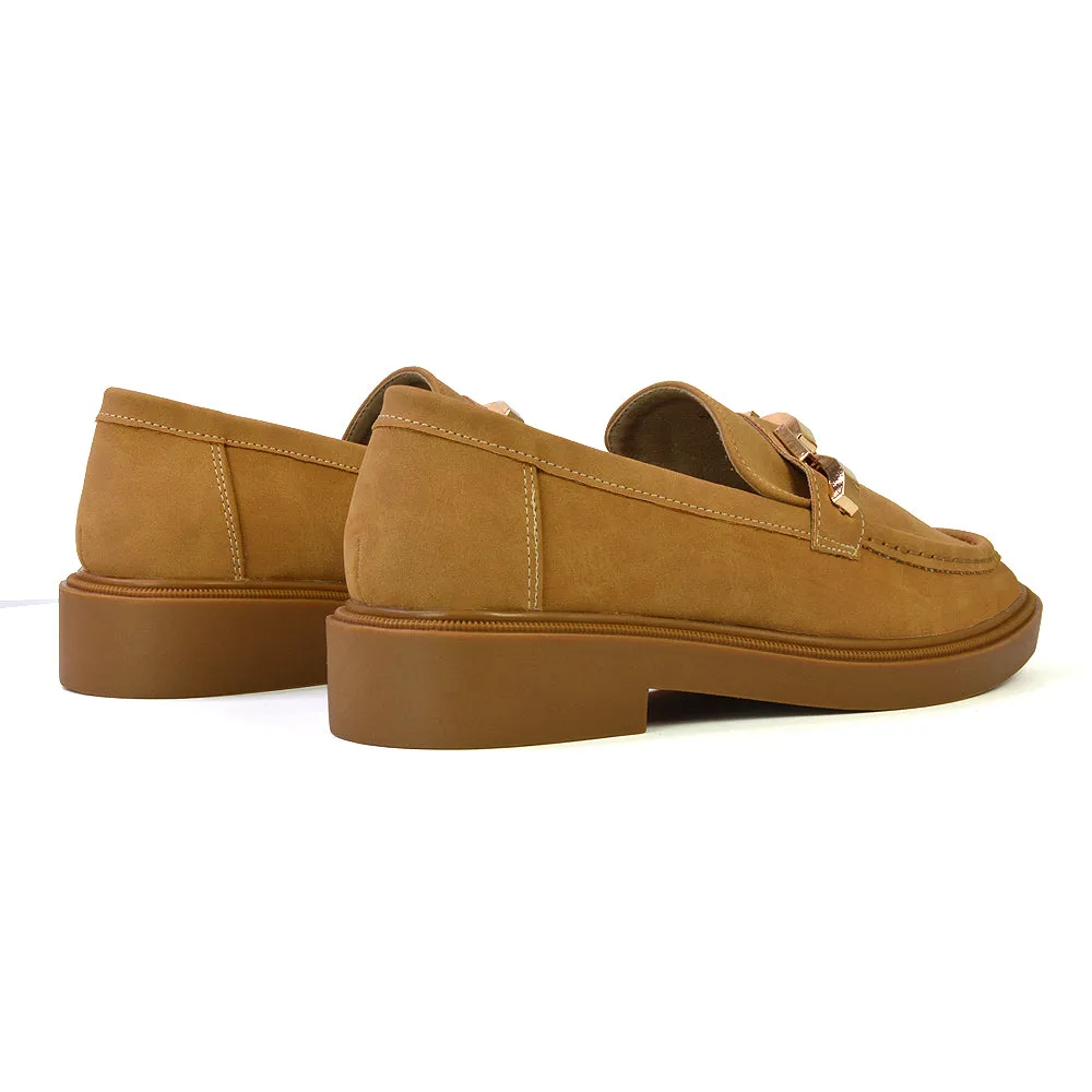 Dakoa Gold Chain Detail Back to School Shoes Chunky Loafers in Tan Faux Suede