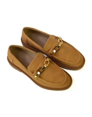 Dakoa Gold Chain Detail Back to School Shoes Chunky Loafers in Tan Faux Suede