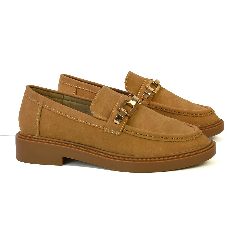 Dakoa Gold Chain Detail Back to School Shoes Chunky Loafers in Tan Faux Suede