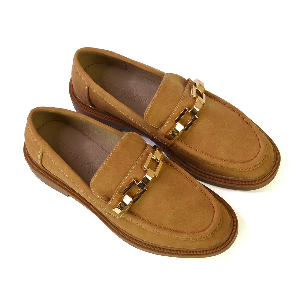 Dakoa Gold Chain Detail Back to School Shoes Chunky Loafers in Tan Faux Suede