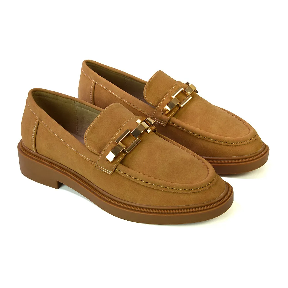 Dakoa Gold Chain Detail Back to School Shoes Chunky Loafers in Tan Faux Suede