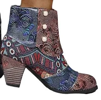 Dark Brown Women's Abstract Patchwork Ankle Boot