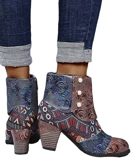 Dark Brown Women's Abstract Patchwork Ankle Boot