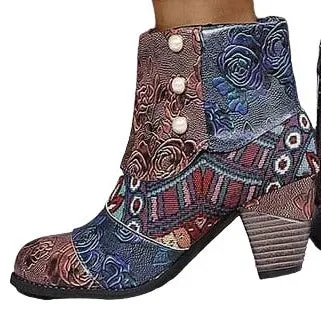 Dark Brown Women's Abstract Patchwork Ankle Boot