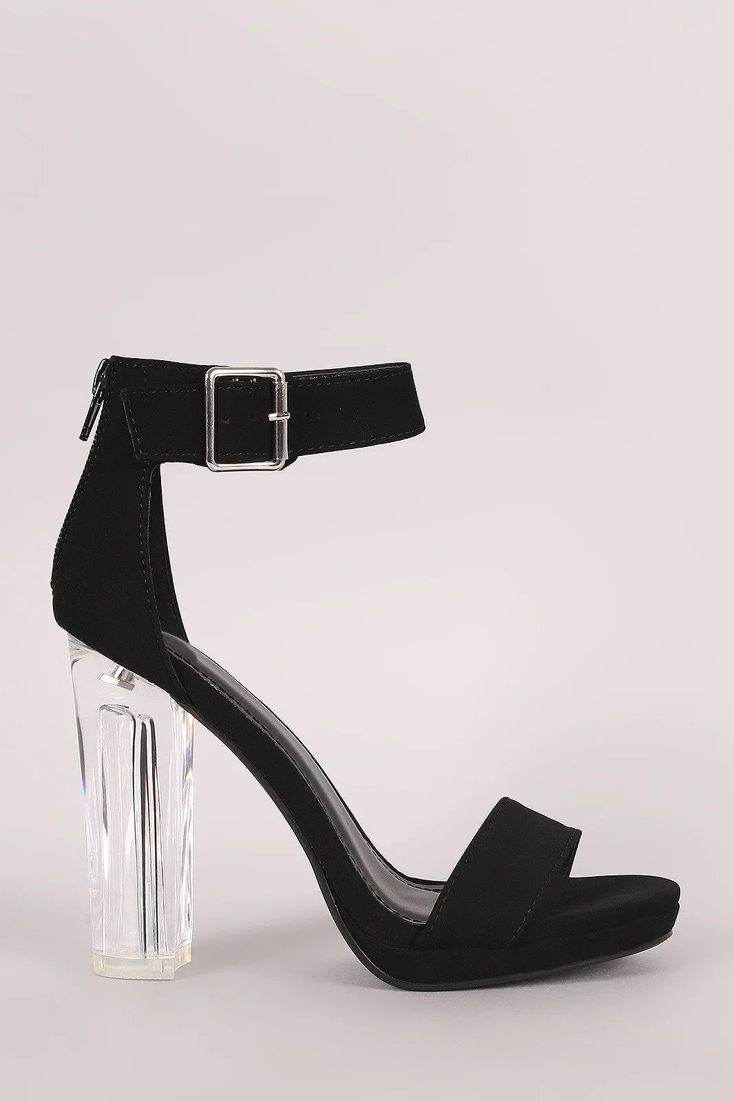 Delicious Nubuck Buckled Ankle Strap Chunky Lucite Heel