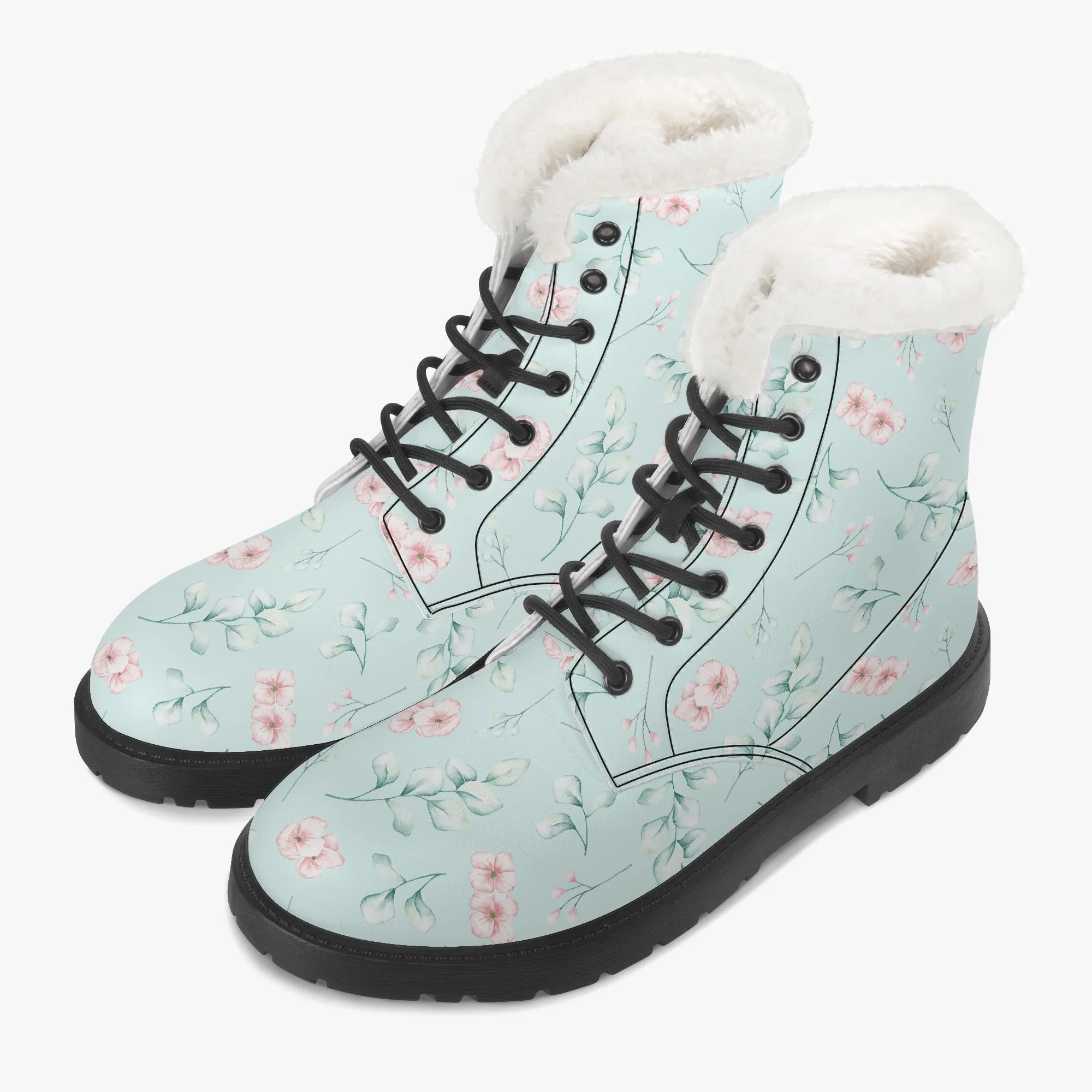 Faux Fur Leather Boots Floral and Eucalyptus Aqua