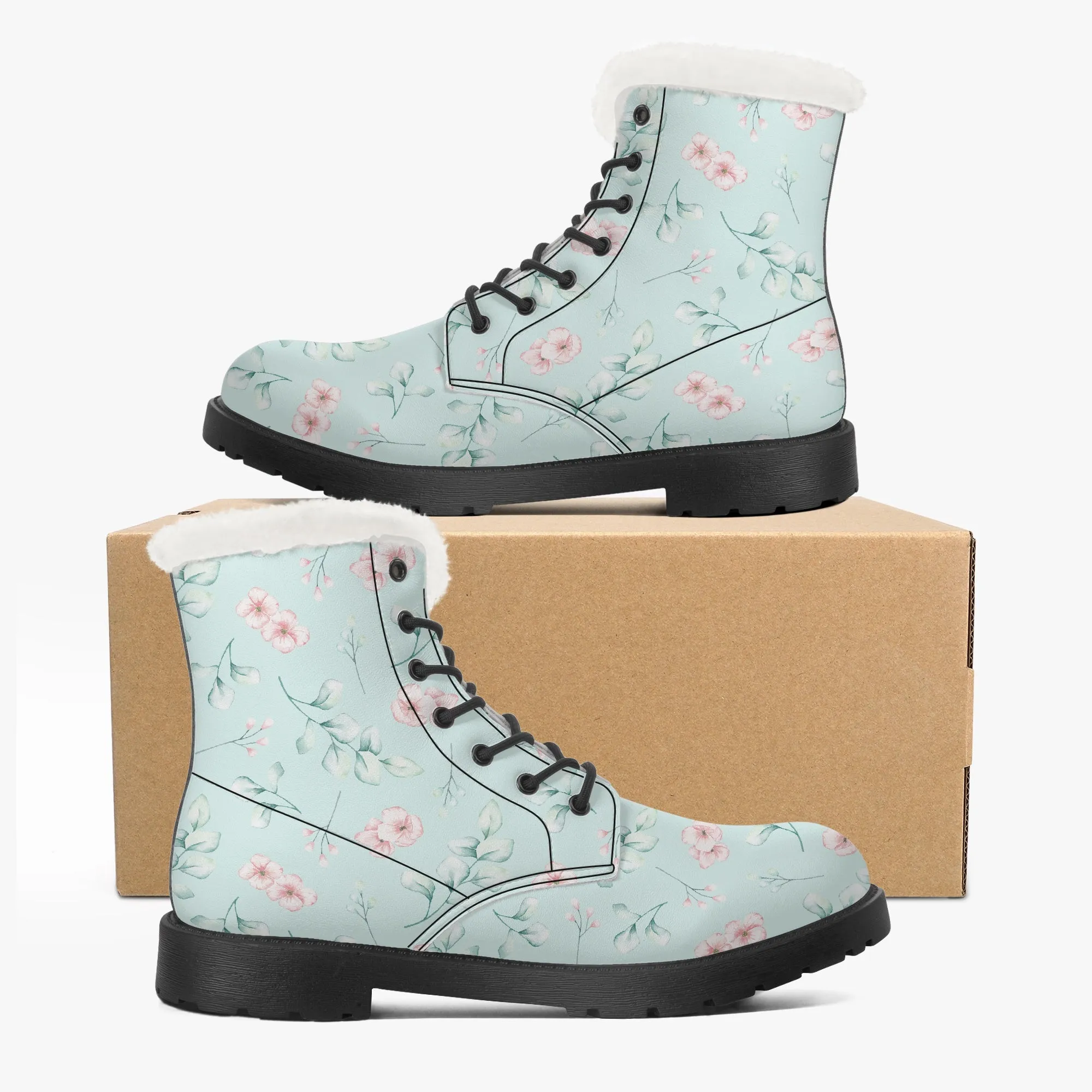 Faux Fur Leather Boots Floral and Eucalyptus Aqua