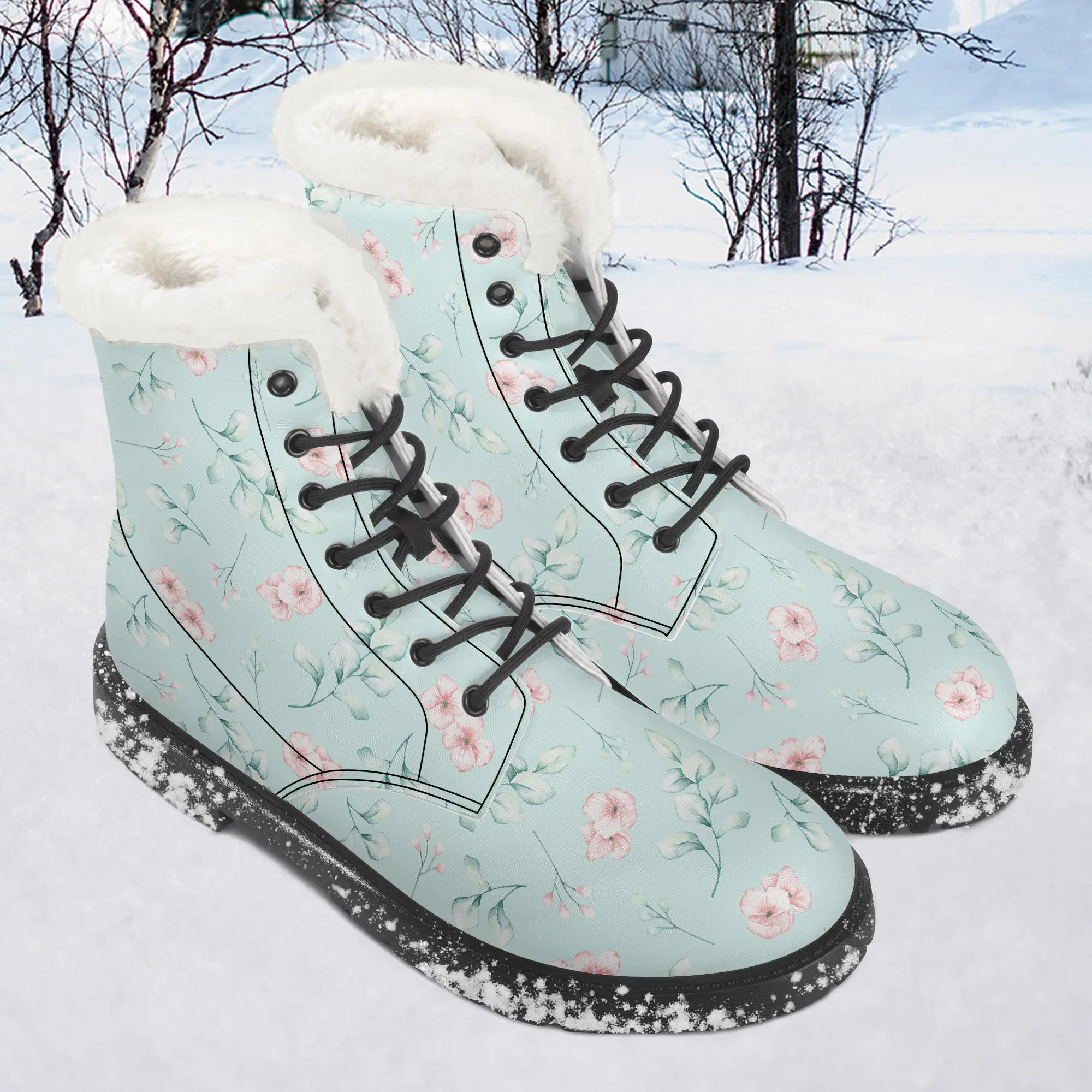 Faux Fur Leather Boots Floral and Eucalyptus Aqua