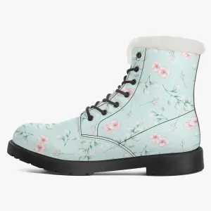 Faux Fur Leather Boots Floral and Eucalyptus Aqua