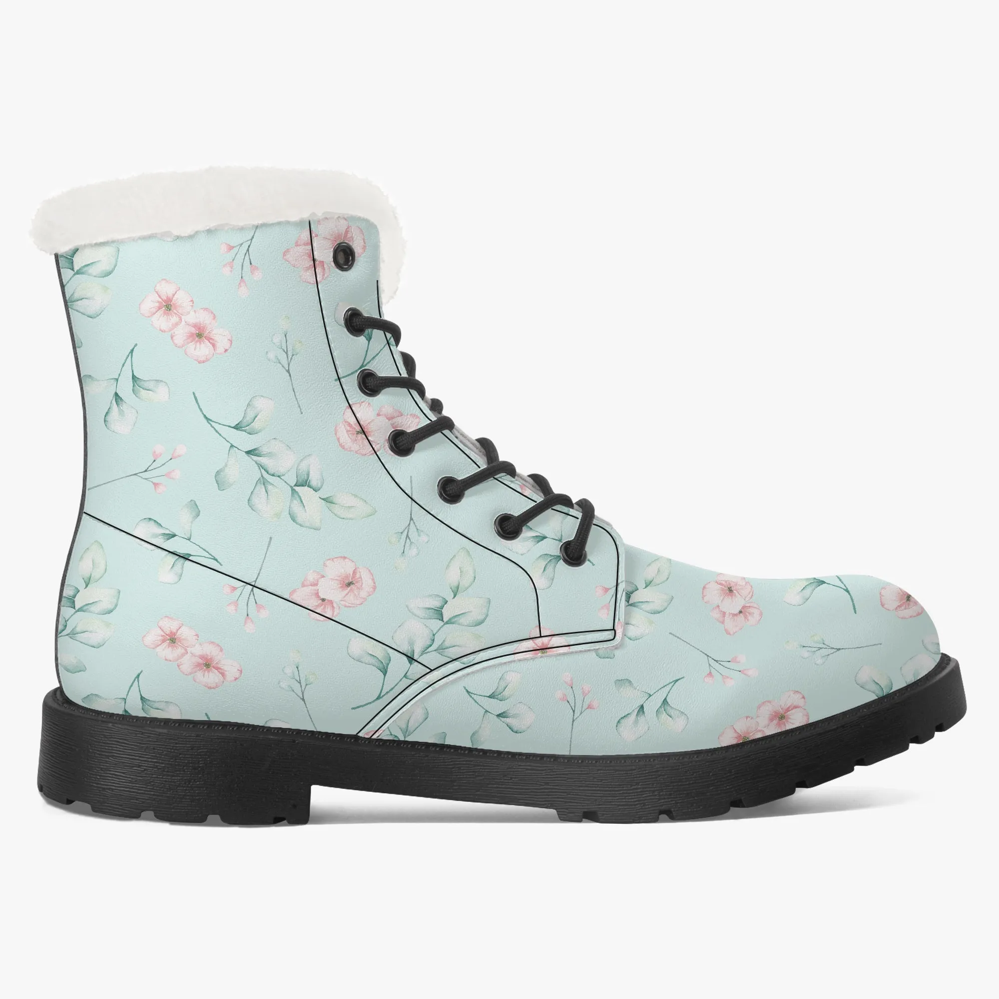 Faux Fur Leather Boots Floral and Eucalyptus Aqua