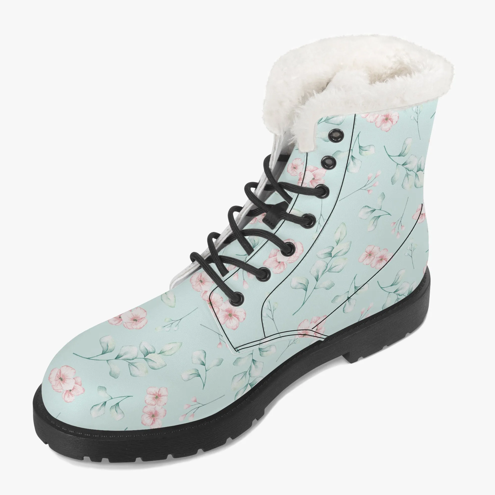 Faux Fur Leather Boots Floral and Eucalyptus Aqua