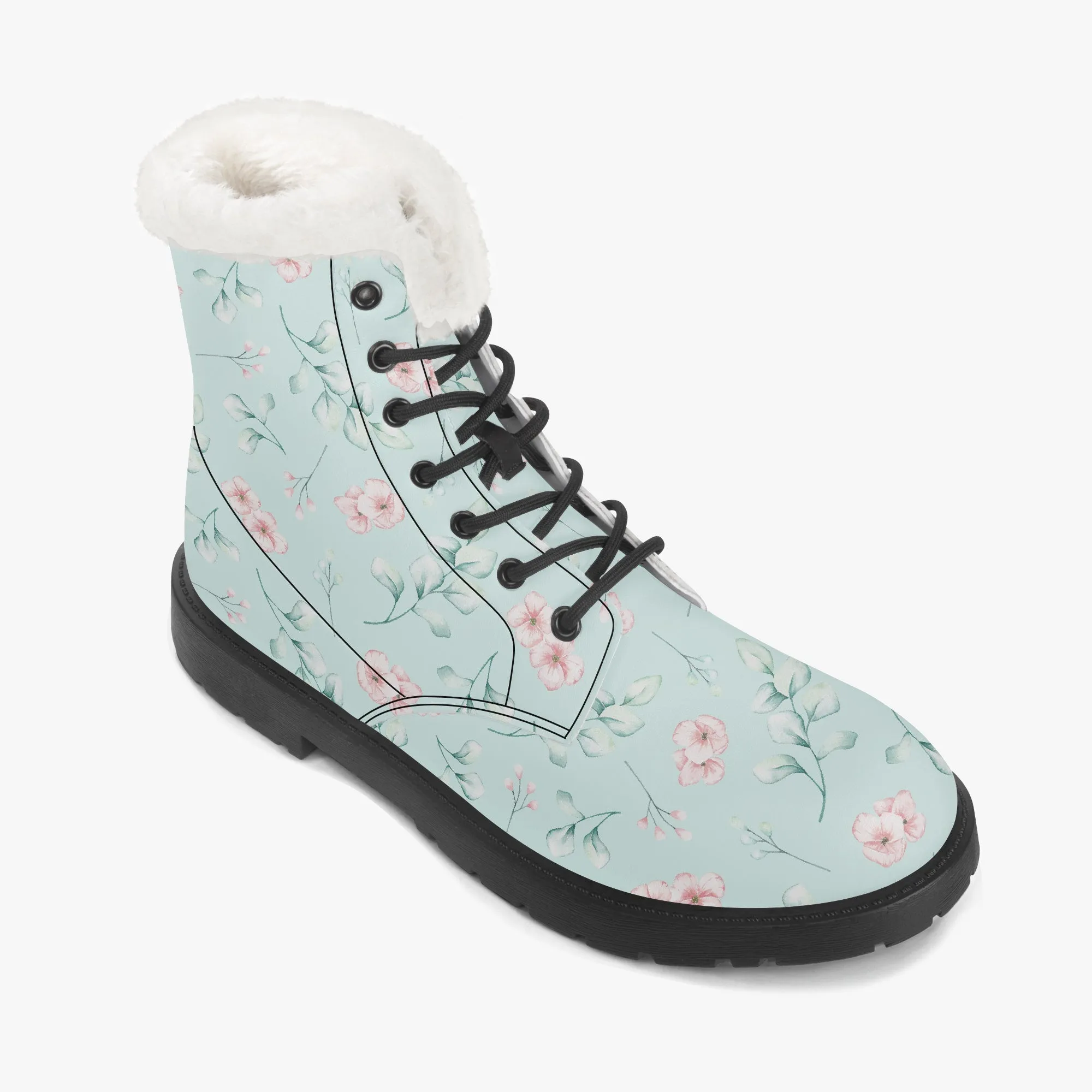 Faux Fur Leather Boots Floral and Eucalyptus Aqua