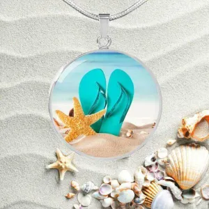 Flip Flops On The Beach Round Pendant Necklace