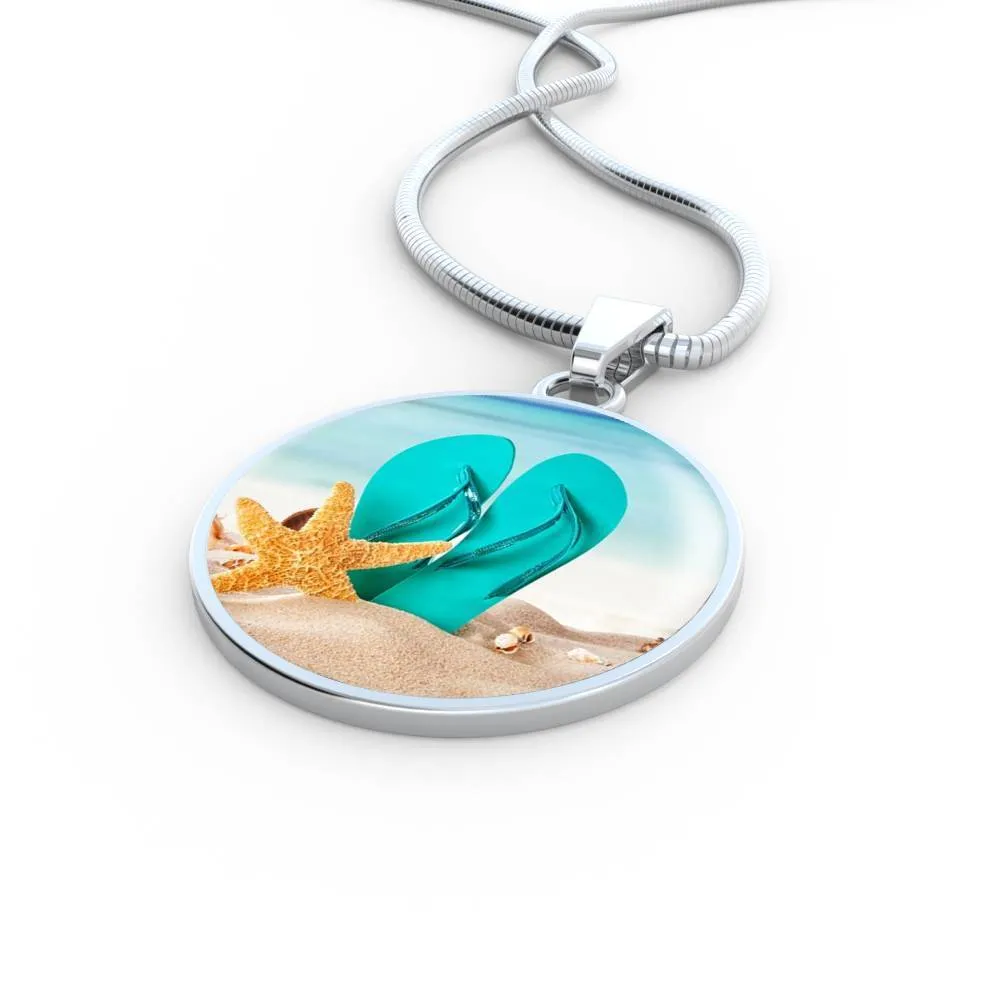 Flip Flops On The Beach Round Pendant Necklace