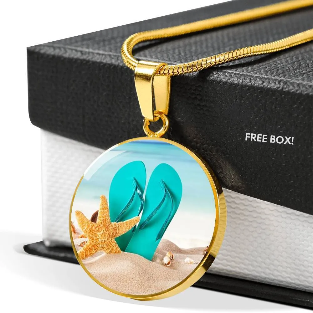 Flip Flops On The Beach Round Pendant Necklace