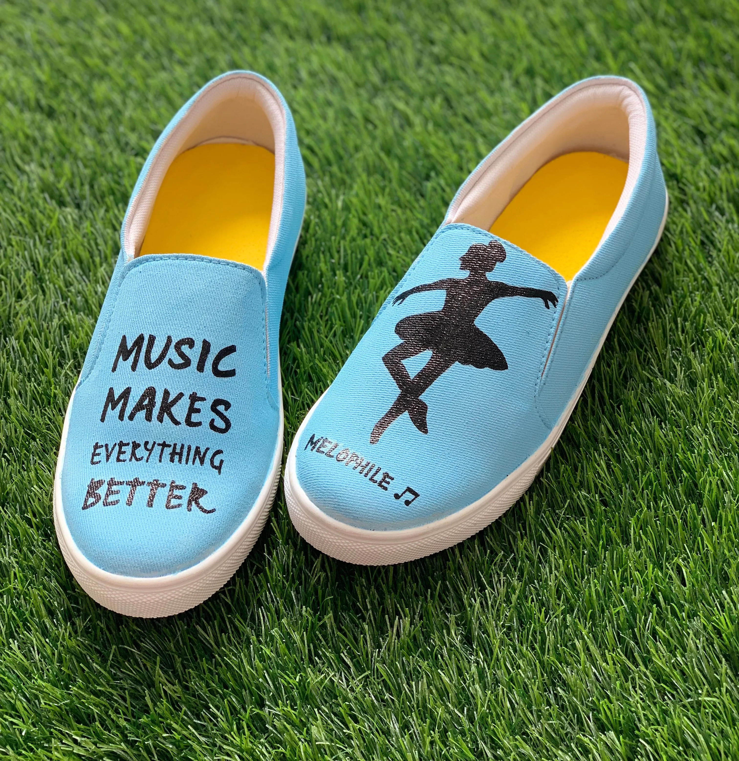 Funky N Trendy hand painted water resistant Music theme slip on shoes/ handpainted shoes/ women shoes / funky shoes/ blue shoes / funky handpainted shoes