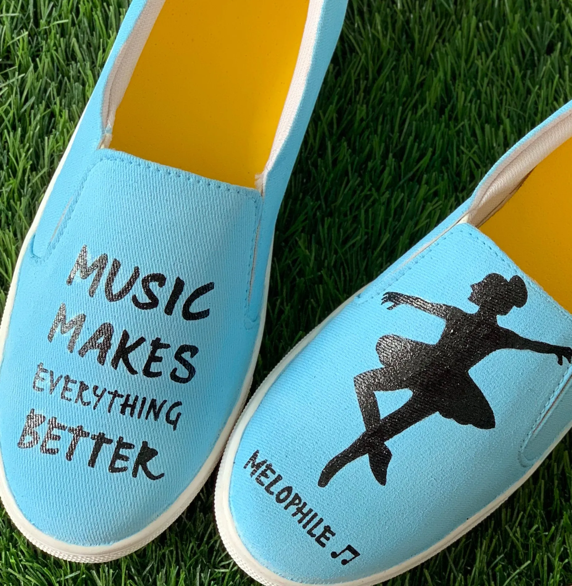 Funky N Trendy hand painted water resistant Music theme slip on shoes/ handpainted shoes/ women shoes / funky shoes/ blue shoes / funky handpainted shoes