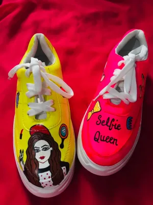 Funky N Trendy hand painted water resistant selfie queen theme pink and yellow dual tone sneakers