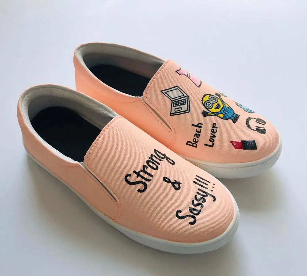 Funky N Trendy hand painted water resistant Strong and Sassy slip on shoes/ handpainted shoes/ women shoes / funky shoes/ blue shoes / funky handpainted shoes/ peach shoes