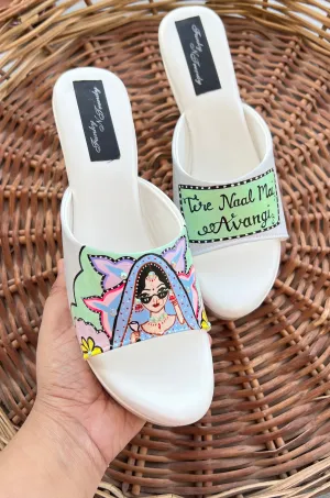 FUNKY N TRENDY hand painted water resistant wedding theme wedges for bride / handpainted heels / quirky heels/ kudi pataka sandals / kudi pataka heels / white heels/ green wedges