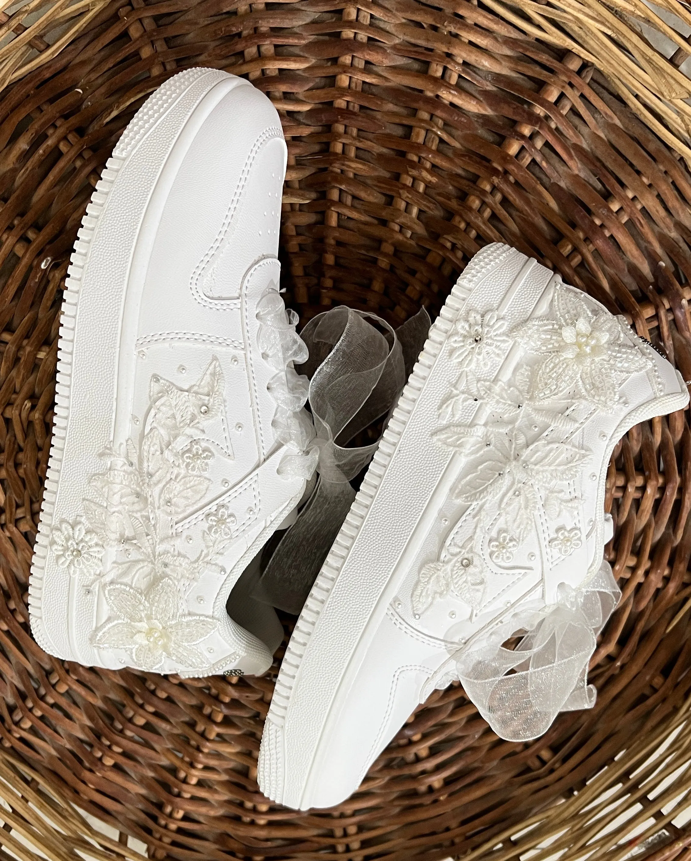 Funky N Trendy white thread work pearl work sneakers with floral detailing / bridal sneakers/ sneaker for bride / white sneakers/ pearl sneakers for bride/custom name initials / wedding date