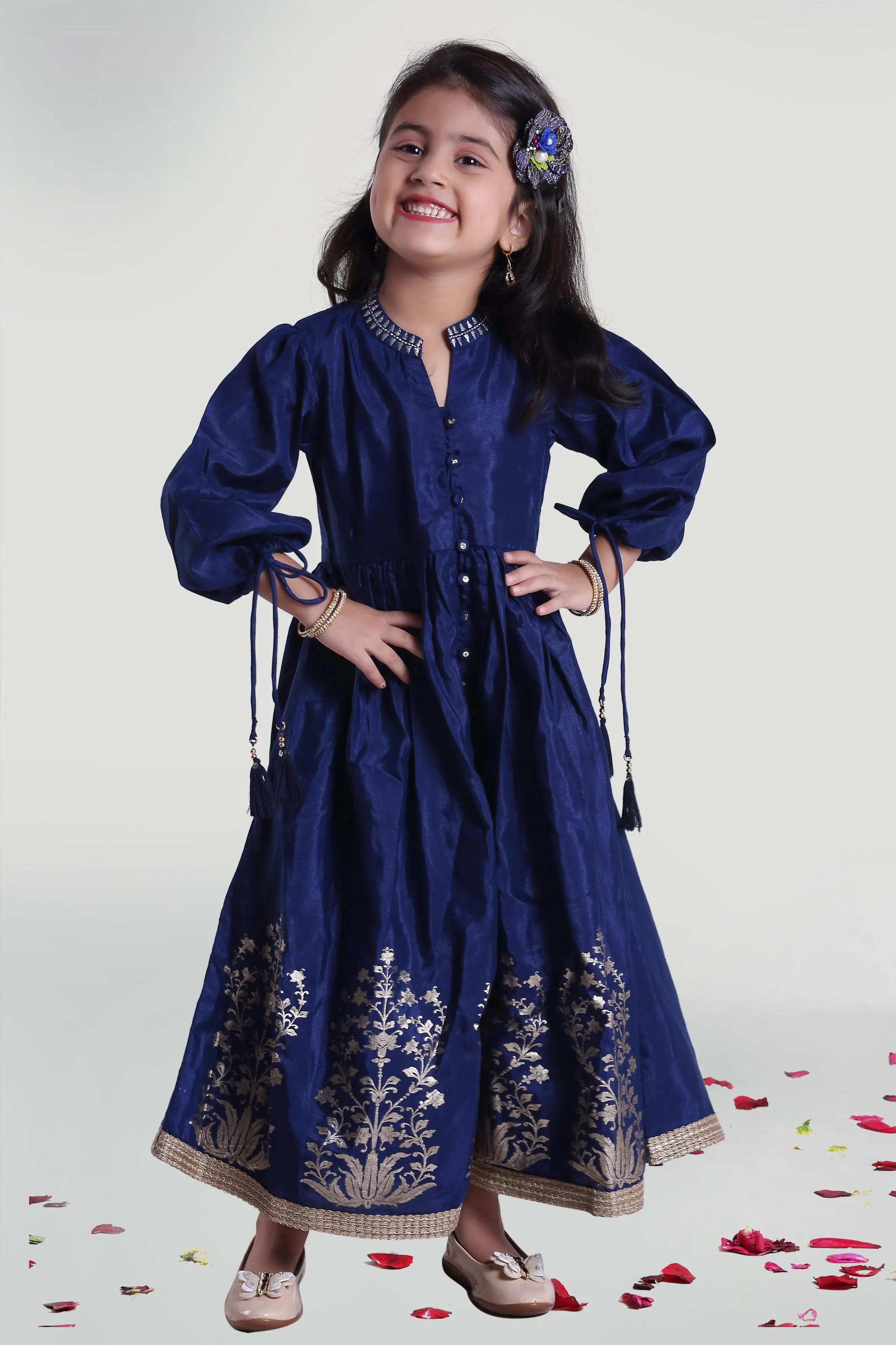 Girls Blue Poly Silk Dress For Girls