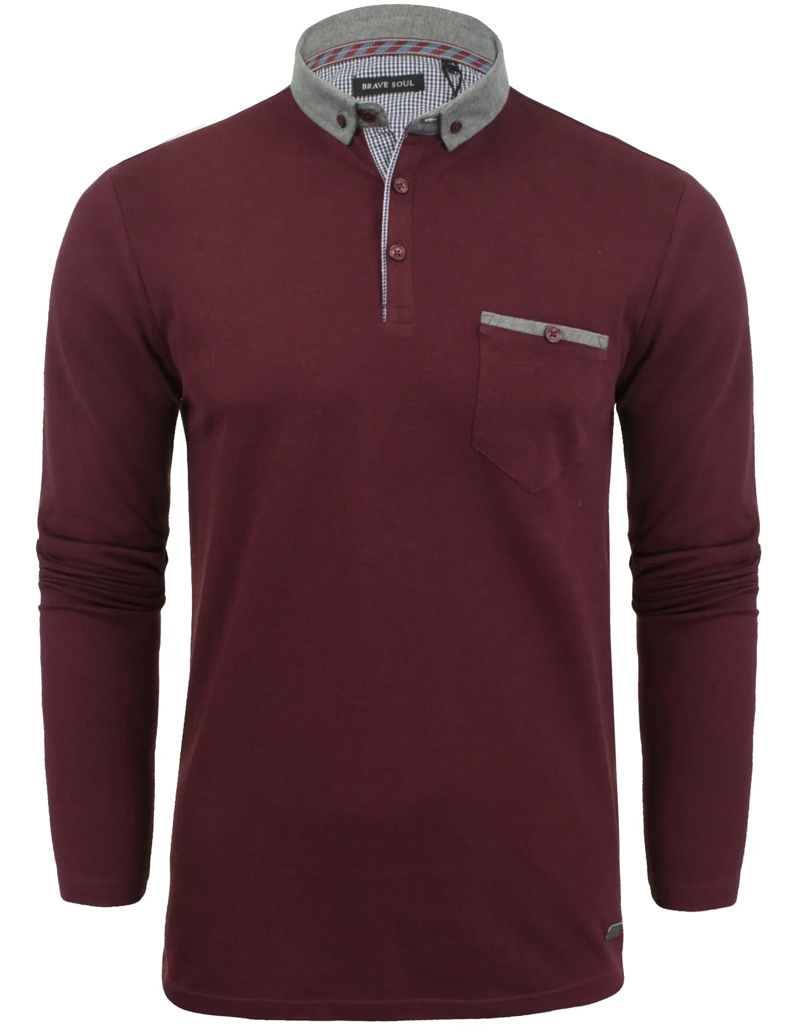 Herae Chambray Collar Long Sleeve Polo Shirt in Burgundy