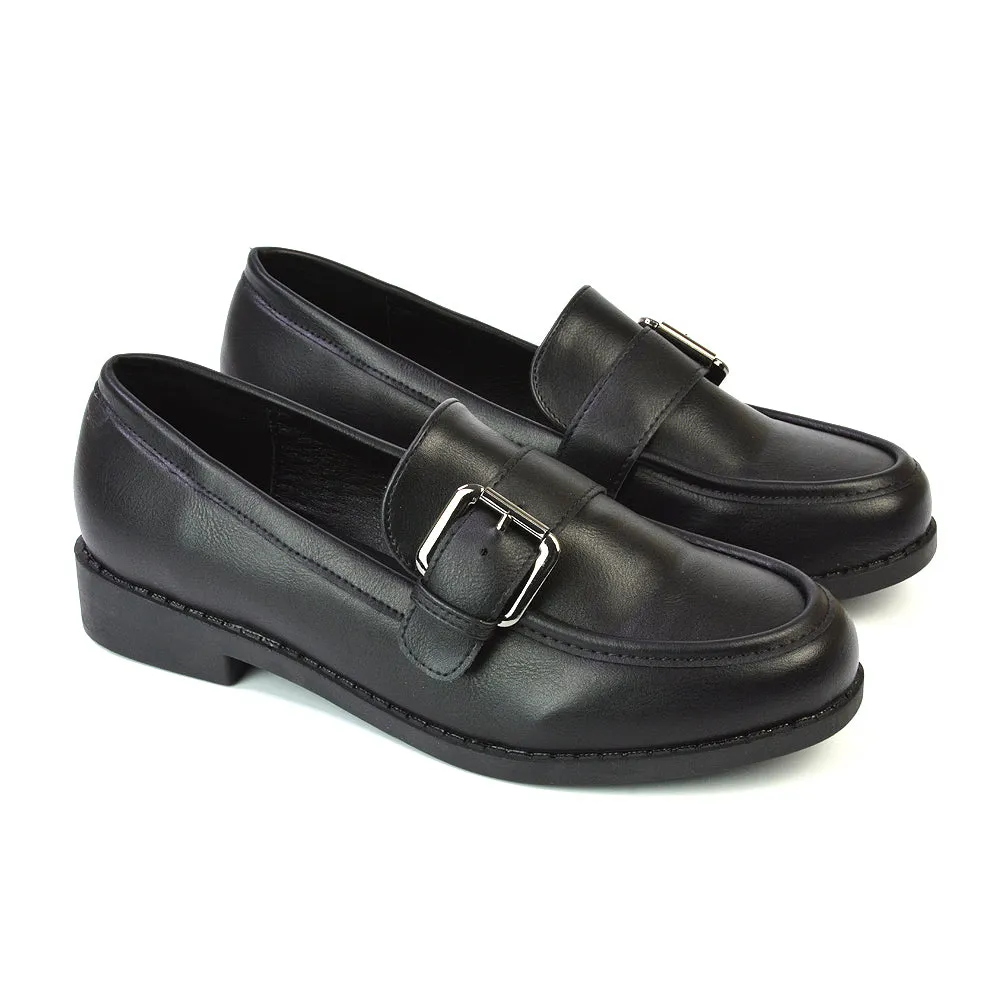 Kali Buckle Up School Shoes Loafers With Chunky Soles in Black Patent