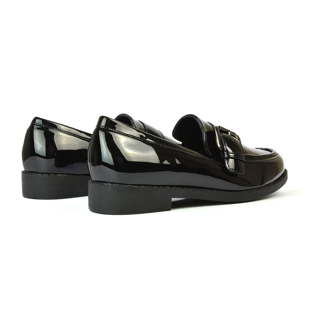 Kali Buckle Up School Shoes Loafers With Chunky Soles in Black Patent