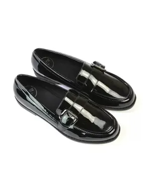 Kali Buckle Up School Shoes Loafers With Chunky Soles in Black Patent