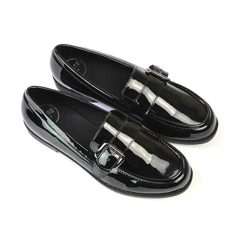 Kali Buckle Up School Shoes Loafers With Chunky Soles in Black Patent