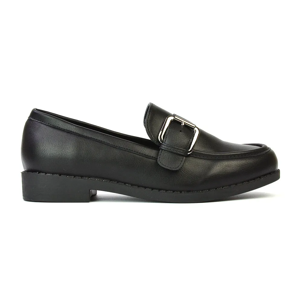 Kali Buckle Up School Shoes Loafers With Chunky Soles in Black Patent