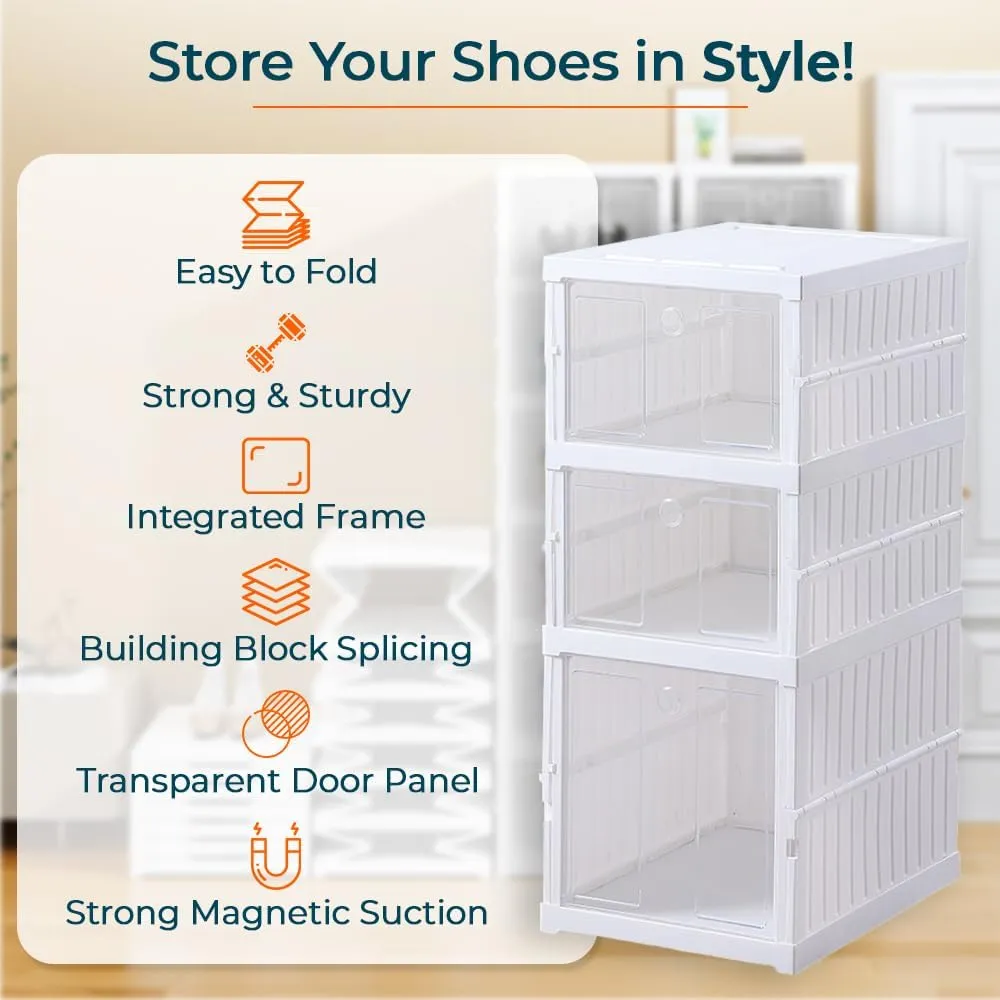 Kuber Industries 3 Layer Shoe Box for Storage|Multi-Purpose Plastic Shoe Rack|Installation Free Shoe Organizer|Pack of 12|White